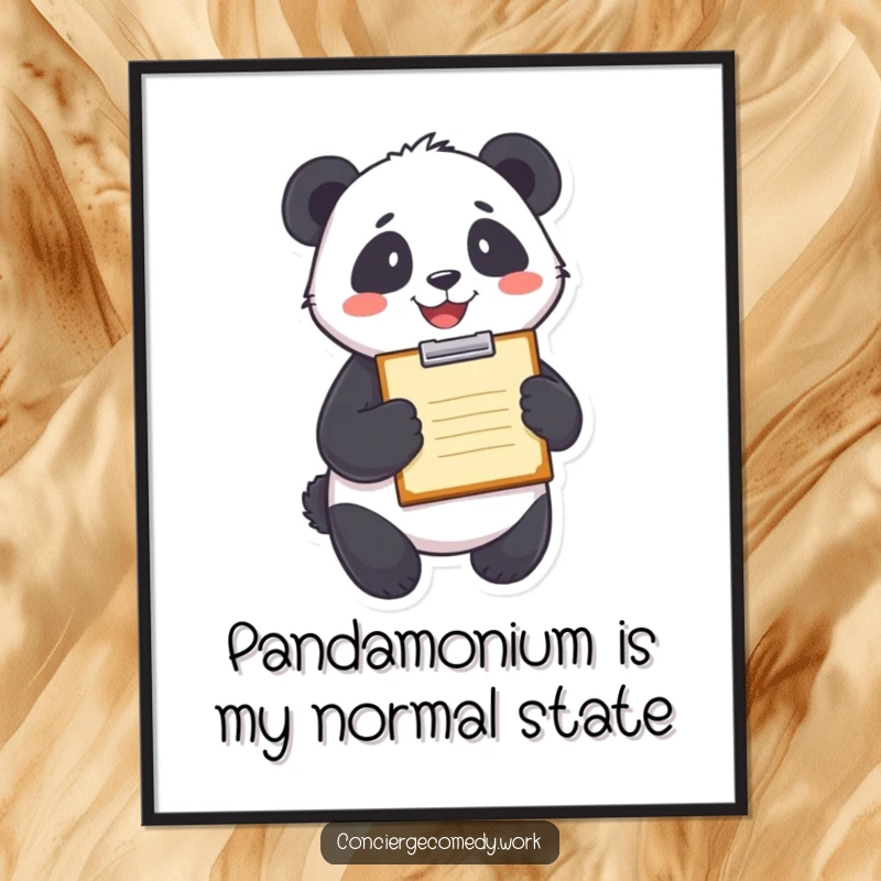 Funny Free Printable Wall Art of a delighted panda holding a clipboard and sporting a wide, happy smile.