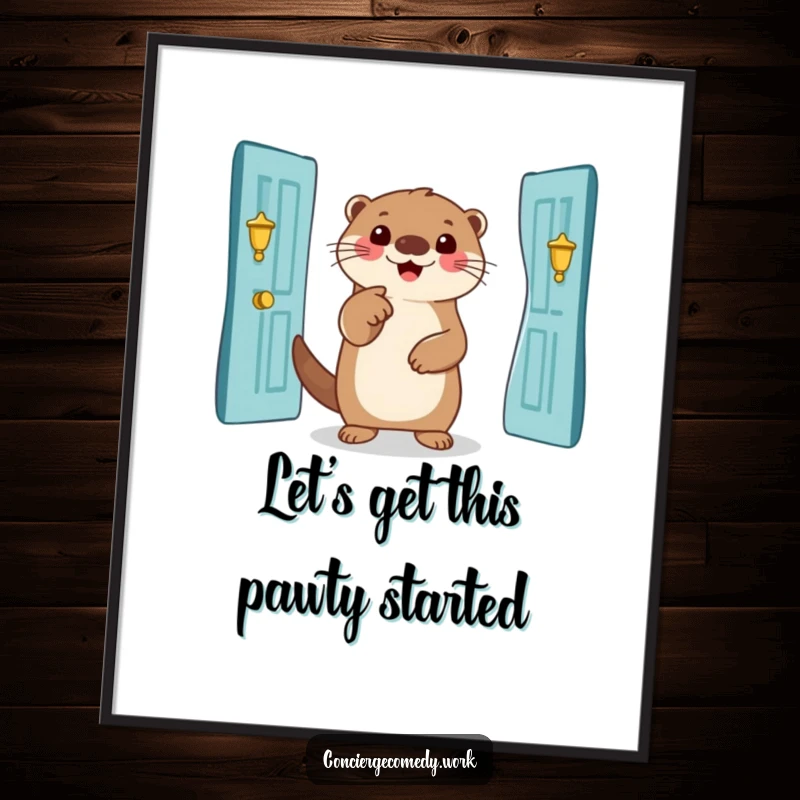 Funny Free Printable Wall Art: A happy otter points towards a majestic entrance, inviting viewers into a whimsical scene.