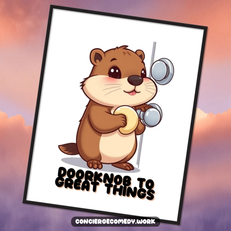 Funny Free Printable Wall Art: A busy beaver with a focused gaze polishes a shiny doorknob.