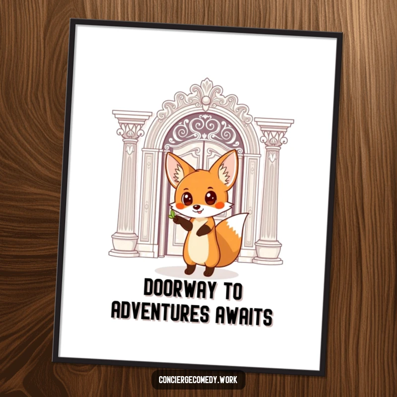 Funny Free Printable Wall Art: A curious fox with wide eyes points towards a grand, ornate doorway.
