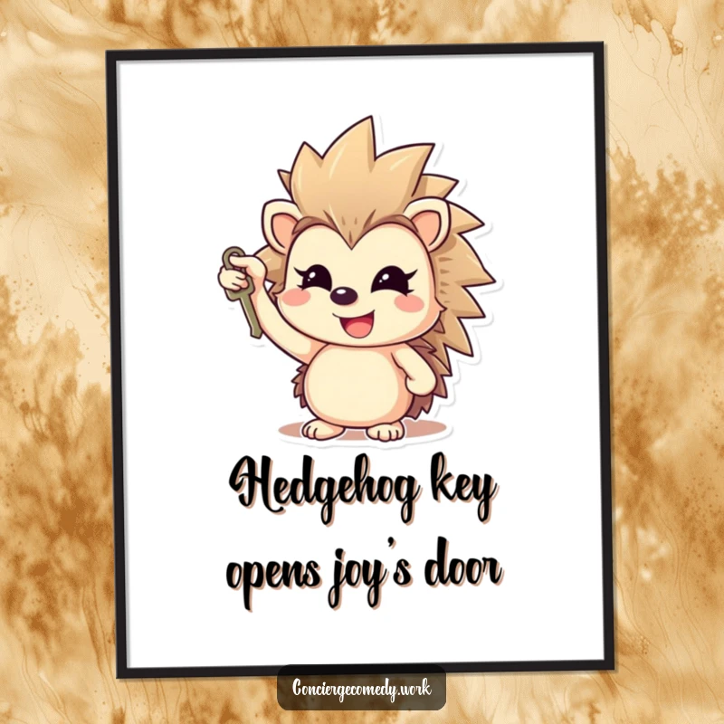 Funny Free Printable Wall Art: Cheerful hedgehog with a gleaming smile holds a small key aloft.