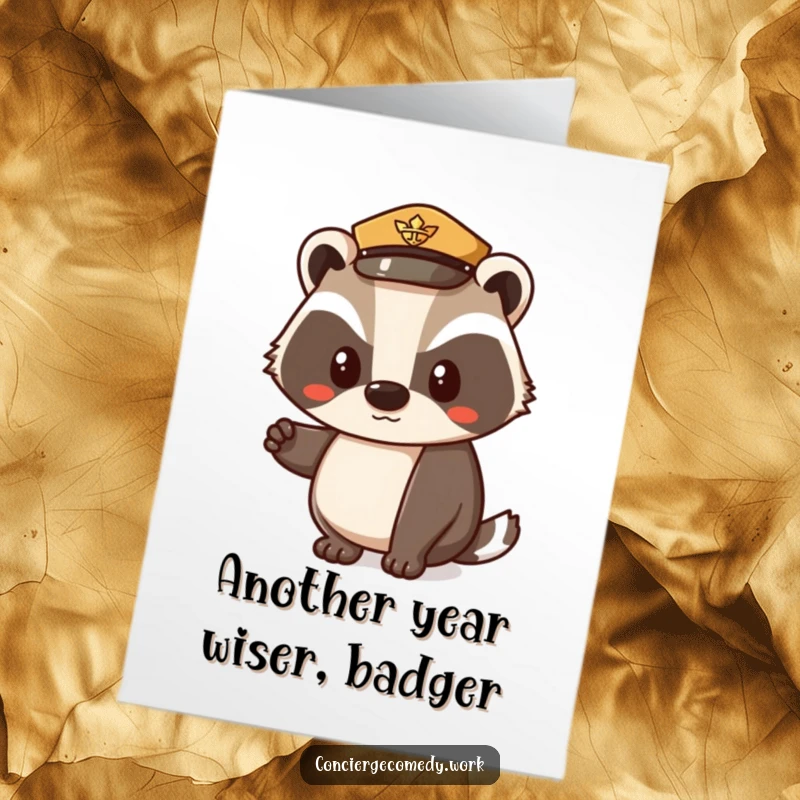 Funny Free Printable Birthday Card: Determined badger in uniform hat nodding politely, ready for celebration.