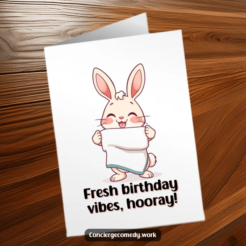 Funny Free Printable Birthday Card: Energetic bunny with a friendly smile presents a neatly folded towel.