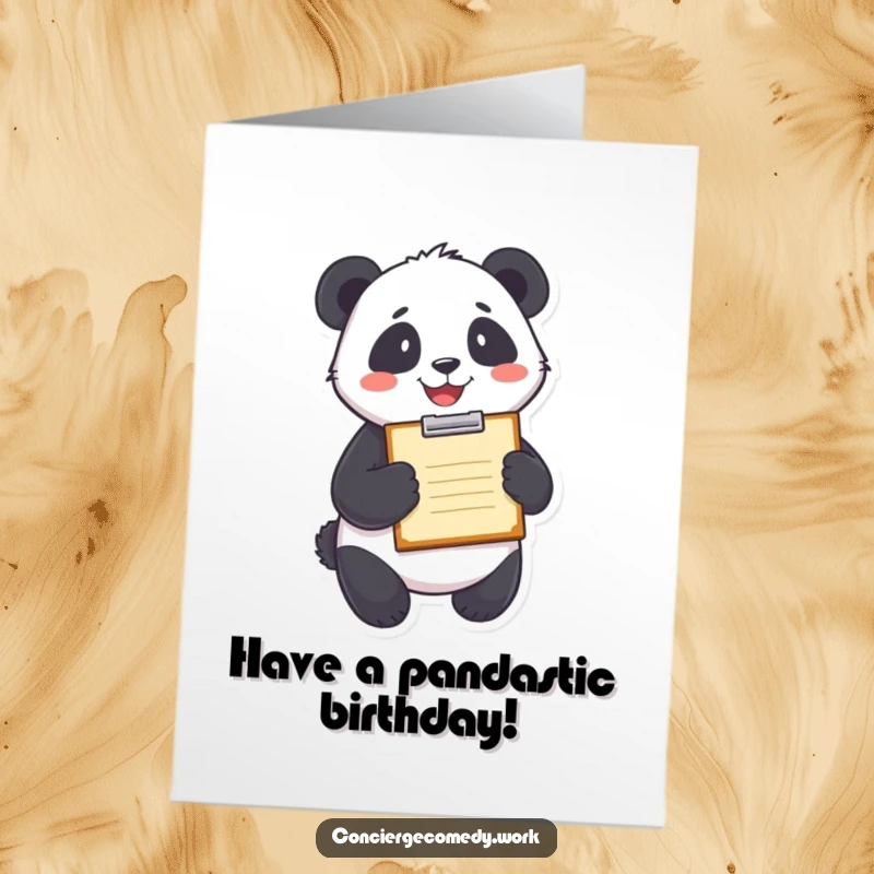 Funny Free Printable Birthday Card featuring a delighted panda holding a clipboard and smiling broadly.