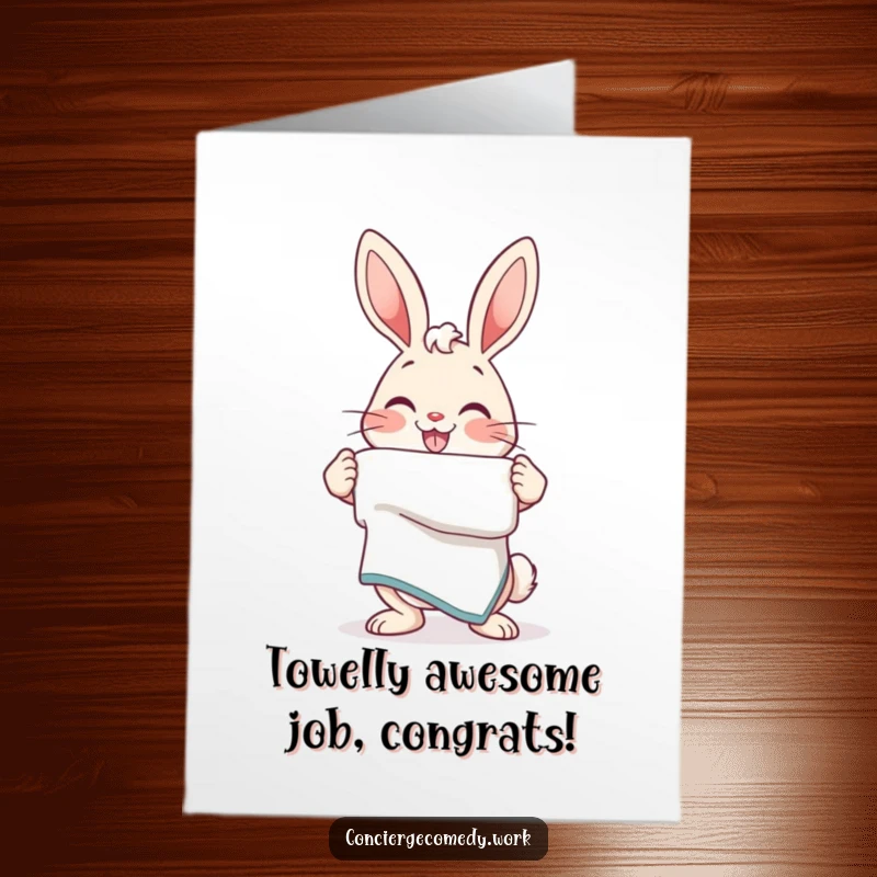 Funny Free Printable Congratulations Card: Friendly bunny presents a neatly folded towel, celebrating an achievement.