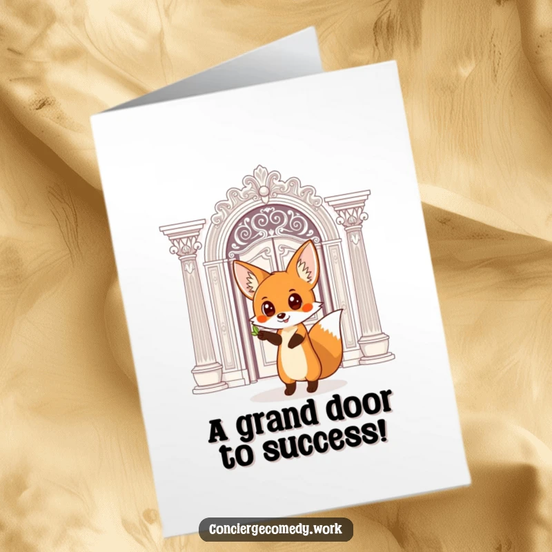 Funny Free Printable Congratulations Card: Curious fox points wide-eyed towards a grand, ornate doorway, symbolizing opportunity.