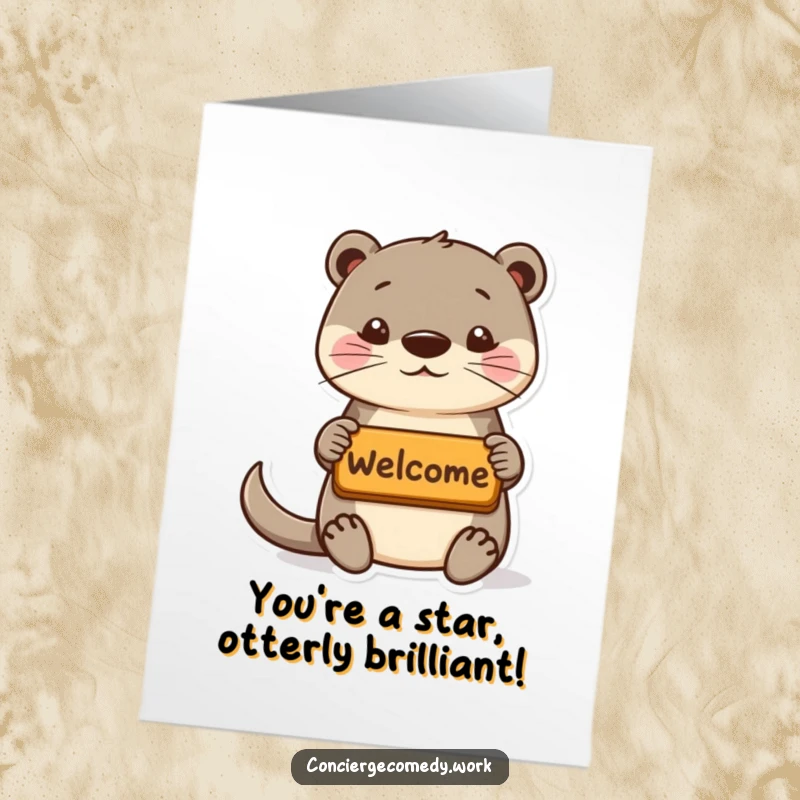 Funny Free Printable Congrats Card: Playful otter offers a tiny welcome mat, celebrating their success.
