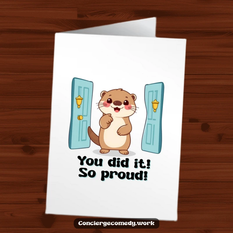 Funny Free Printable Congratulations Card: A happy otter points with enthusiasm towards a magnificent entrance, celebrating achievement.