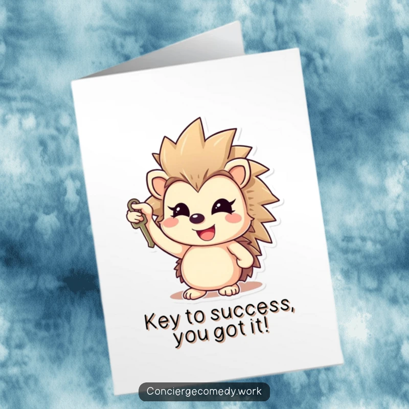 Funny Free Printable Congrats Card: Cheerful hedgehog holds a small key aloft, symbolizing unlocked success.