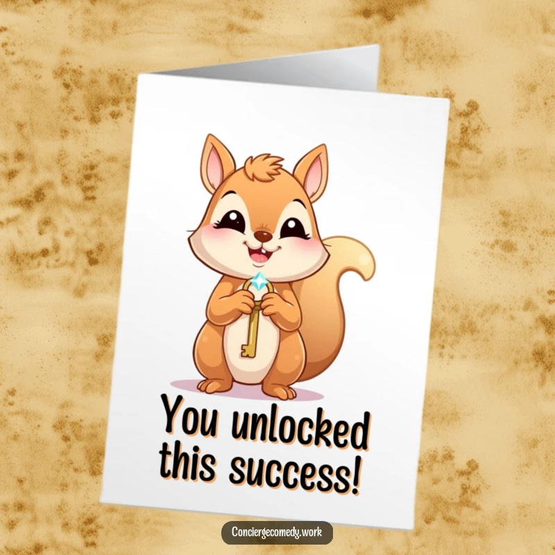 Funny Free Printable Congratulations Card: Joyful squirrel holding a tiny sparkling key, celebrating a big win.