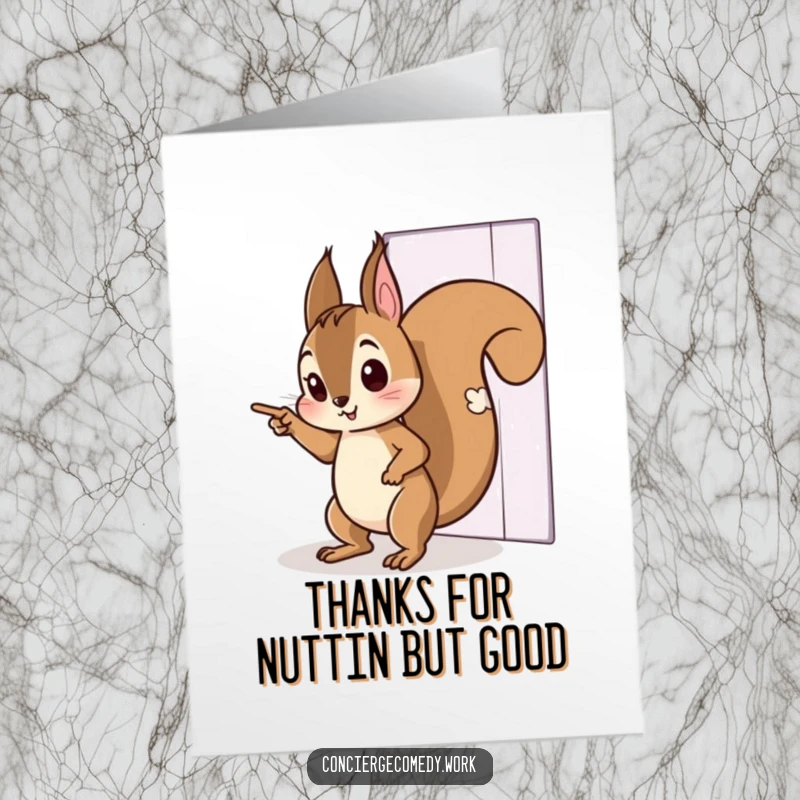 Funny Free Printable Thank You Card: Curious squirrel tiptoeing, pointing, perhaps to a thank you surprise.