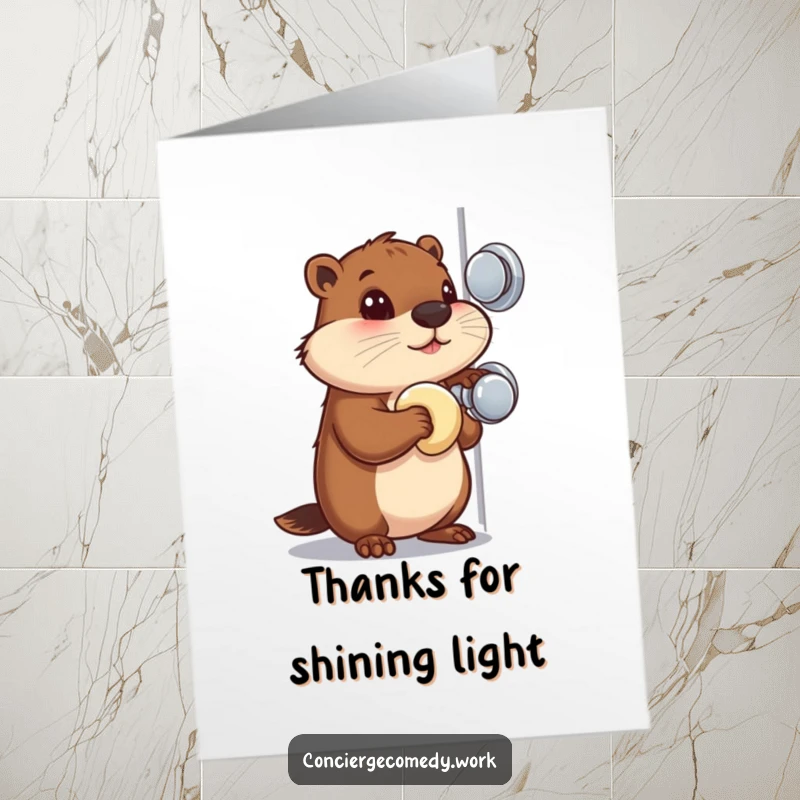 Funny Free Printable Thank You Card: Busy beaver with a focused gaze polishes a shiny doorknob, representing smooth progress.