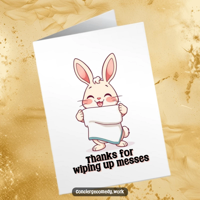 Funny Free Printable Thank You Card: Energetic bunny with a friendly smile offers a neatly folded towel.