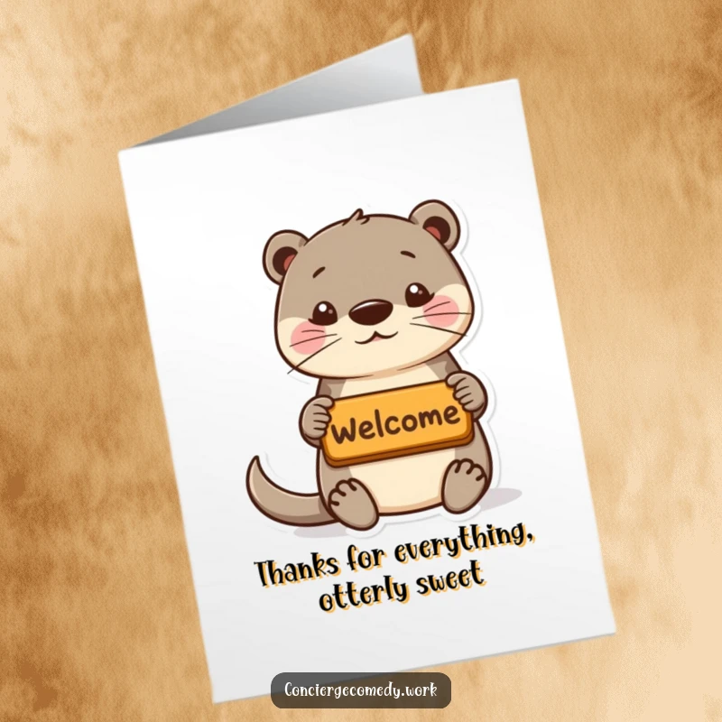 Funny Free Printable Thank You Card: Playful otter with perky ears offers a tiny welcome mat.