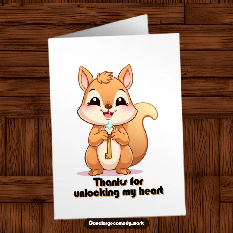 Funny Free Printable Thank You Card: Eager squirrel holding a tiny sparkling key, expressing heartfelt thanks.