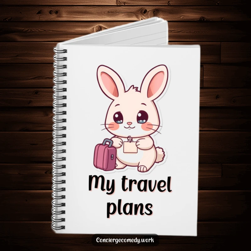 Funny friendly rabbit notebook holding a luggage tag, bright eyes, a cute and practical gift.