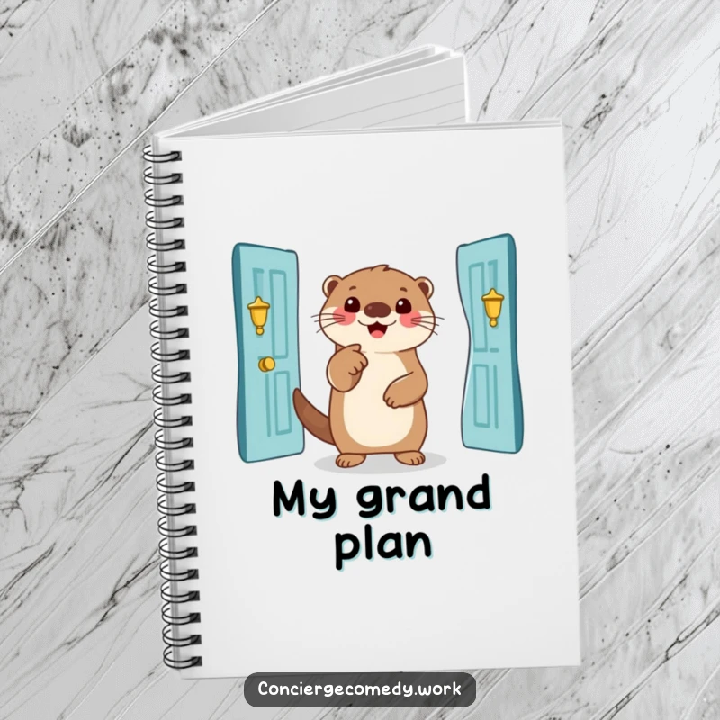 Funny otter notebook, smiling otter pointing to a grand entrance, journal for notes, perfect for a humorous gift.