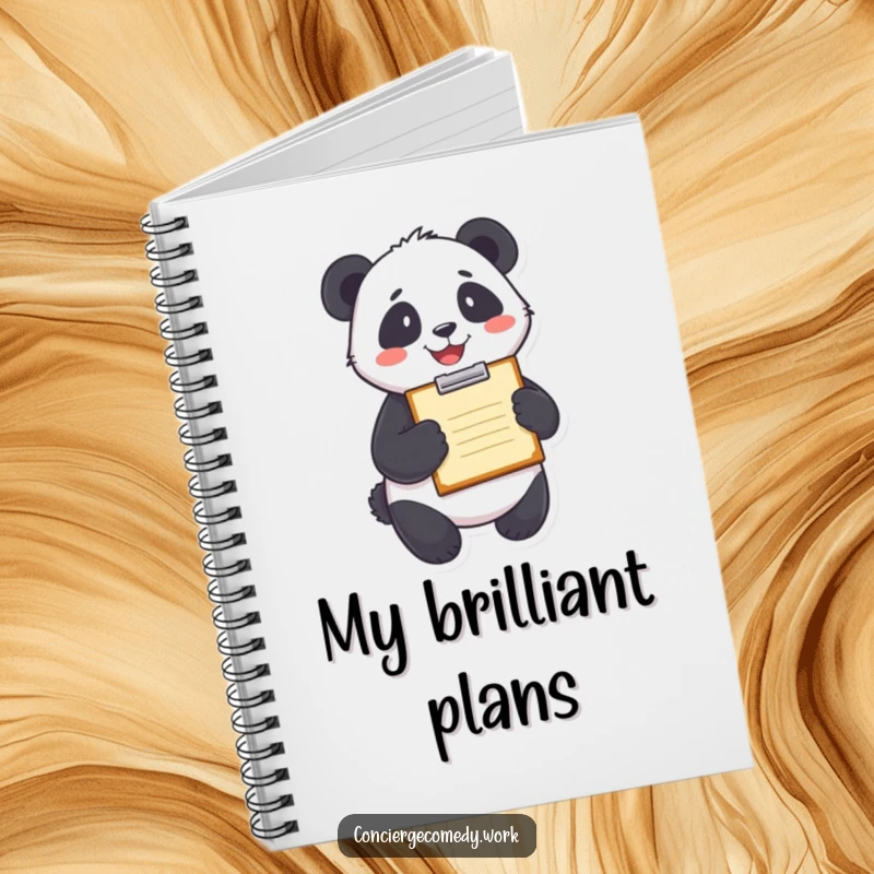 Funny delighted panda holding a clipboard with a smile, cover of a notebook for planning and notes.