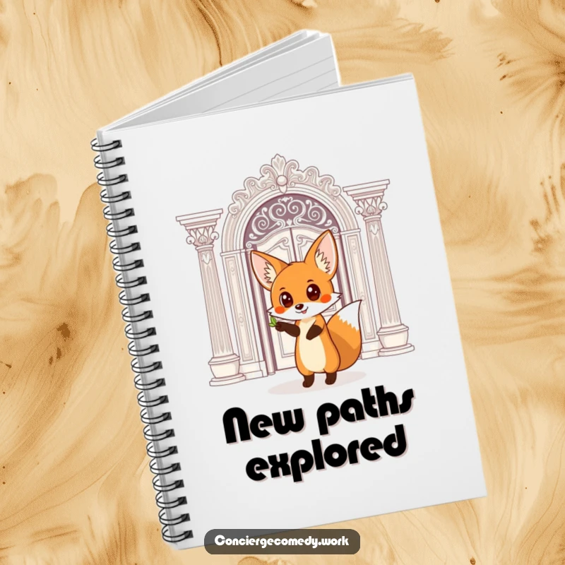 Funny Notebook: A curious fox with wide eyes points towards an ornate doorway, ready for your notes.