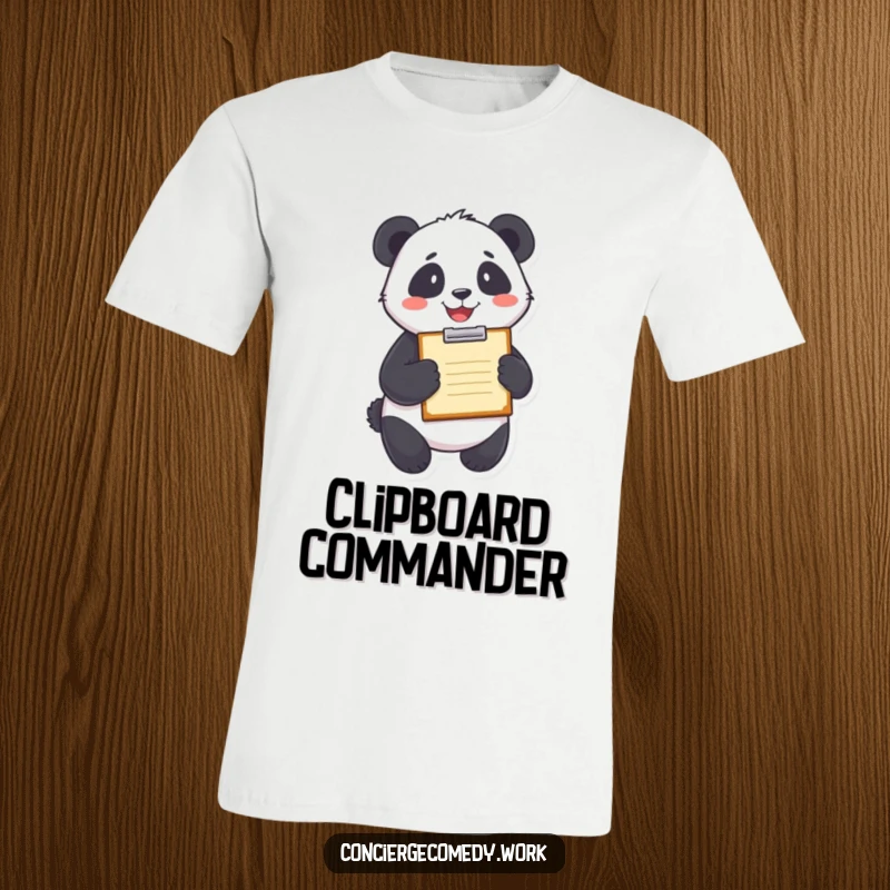Funny panda holding a clipboard with a big smile, wearing a shirt. Humorous graphic tee.