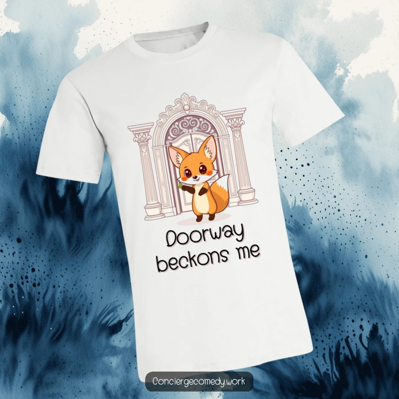 Funny T-Shirt: A curious fox with wide eyes points towards an ornate doorway, symbolizing discovery and adventure.