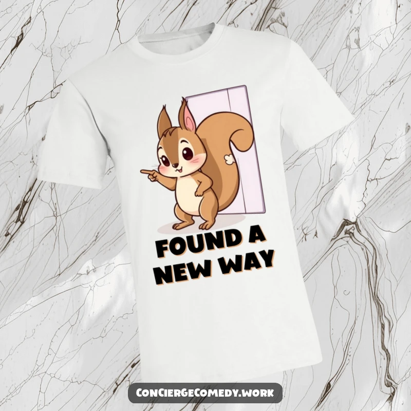 Funny t-shirt showing a curious squirrel tiptoeing, pointing excitedly towards an unseen, imaginary door. Playful and intriguing design.