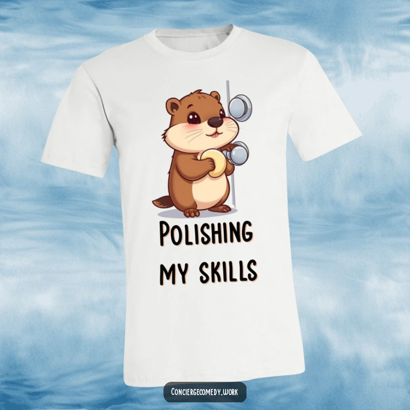 Funny T-Shirt: A busy beaver with a focused gaze diligently polishes a shiny doorknob, symbolizing hard work.