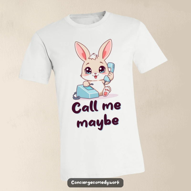 Funny bunny t-shirt, wide-eyed rabbit answering a phone, playful and humorous graphic tee for gift.