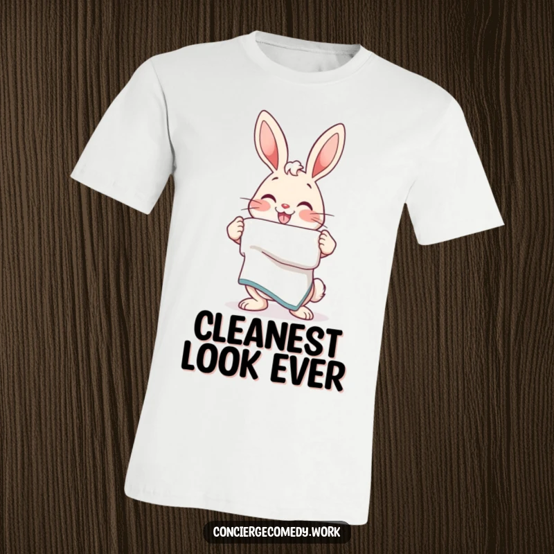 Funny T-Shirt: An energetic bunny with a friendly smile offers a perfectly folded towel, embodying helpfulness.