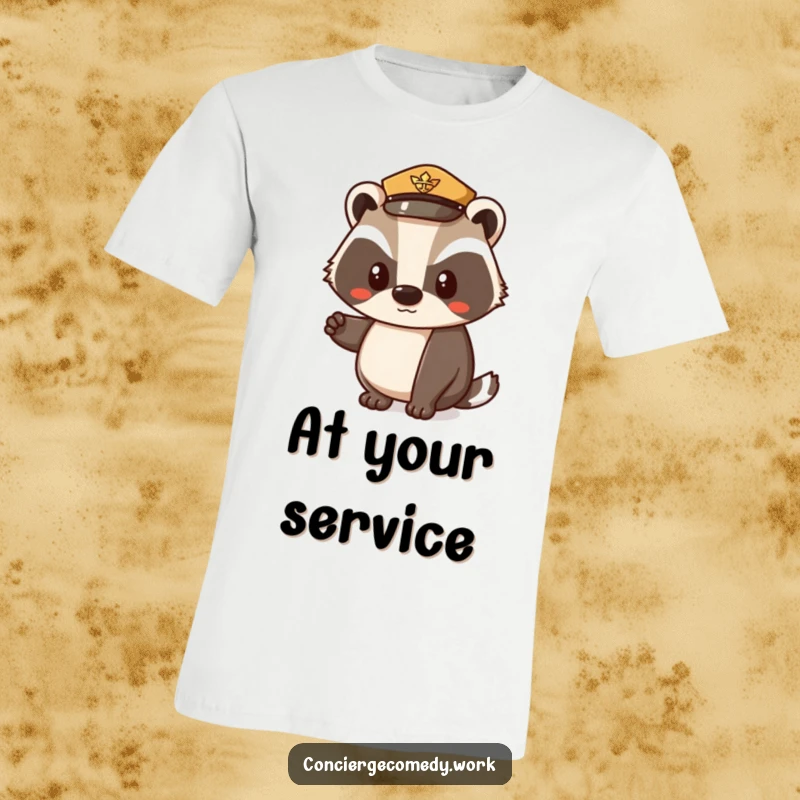 Funny t-shirt with a determined badger wearing a tiny uniform hat, nodding politely with a serious yet friendly demeanor. Great for nature lovers.