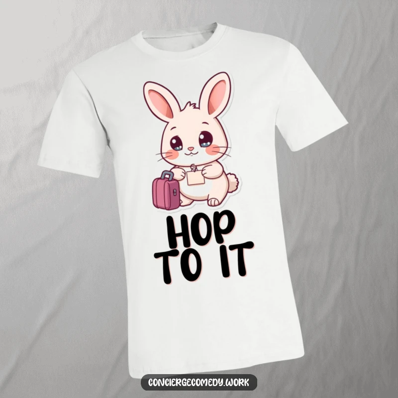 Funny friendly rabbit t-shirt holding a luggage tag, bright eyes, adventurous and humorous.