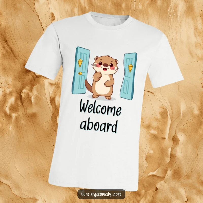 Funny otter t-shirt, smiling animal pointing to a grand doorway, humorous graphic tee, ideal funny gift.