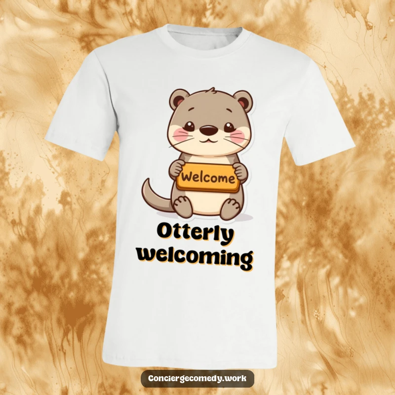 Funny playful otter t-shirt offering a tiny welcome mat, perky ears, welcoming and humorous.