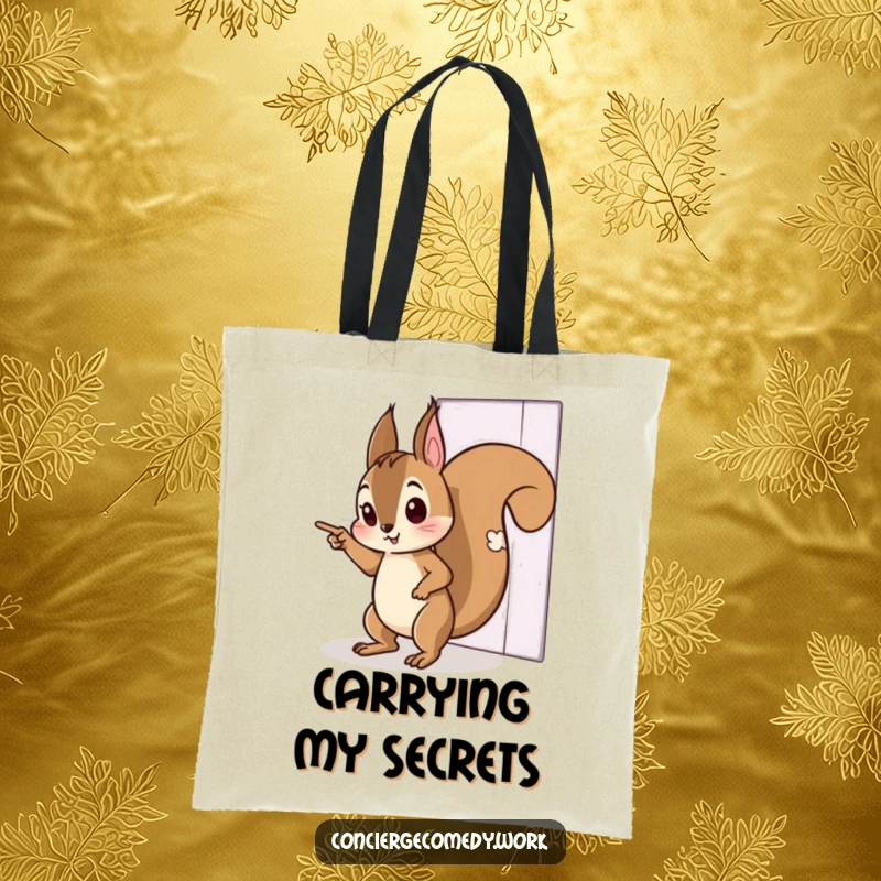 Funny tote bag showing a curious squirrel tiptoeing with an eager expression, pointing to an invisible door. Great for shoppers.