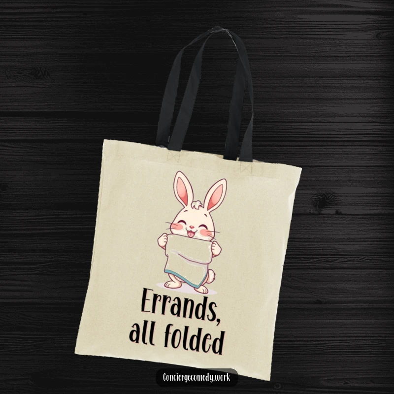 Funny Tote Bag: An energetic bunny with a friendly smile holds a neatly folded towel, perfect for carrying essentials.