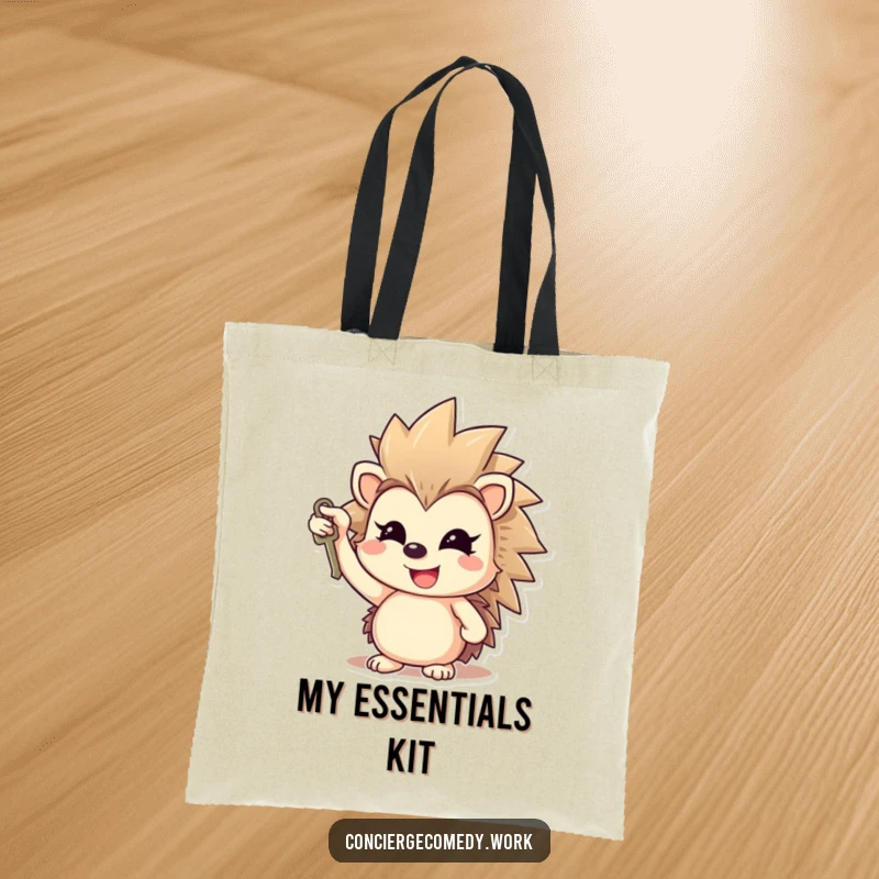 Funny cheerful hedgehog tote bag holding a small key, gleaming smile, a practical and uplifting gift.
