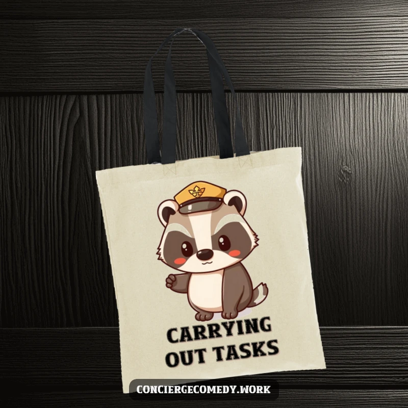 Funny tote bag showcasing a determined badger in a uniform hat, giving a polite nod, ready for errands or shopping. Charming and practical.