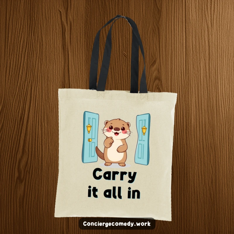 Funny otter tote bag, smiling creature pointing towards a grand entrance, humorous and practical tote.