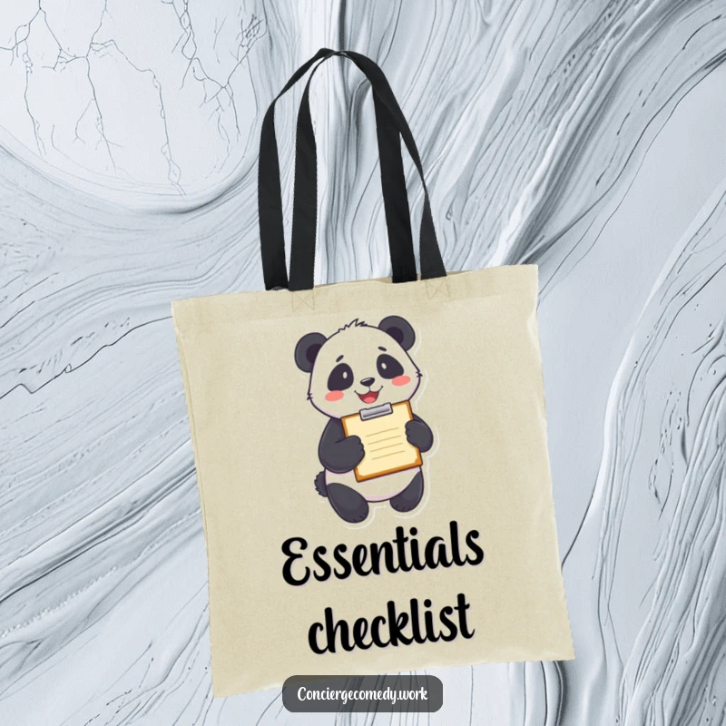 Funny panda holding a clipboard with a smile, depicted on a durable tote bag for carrying items.