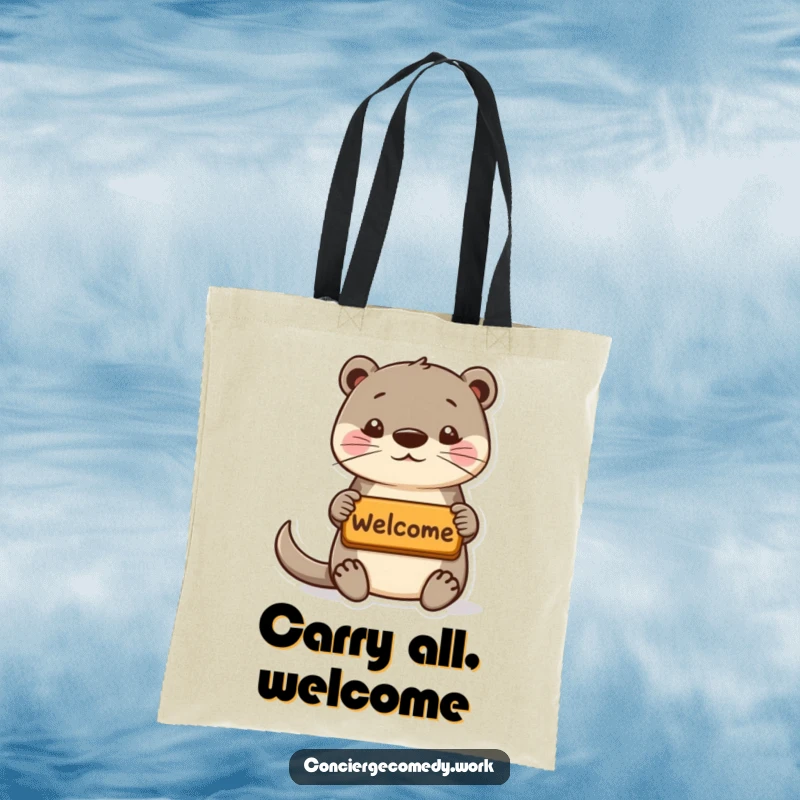 Funny playful otter tote bag offering a tiny welcome mat, perky ears, a practical and welcoming gift.