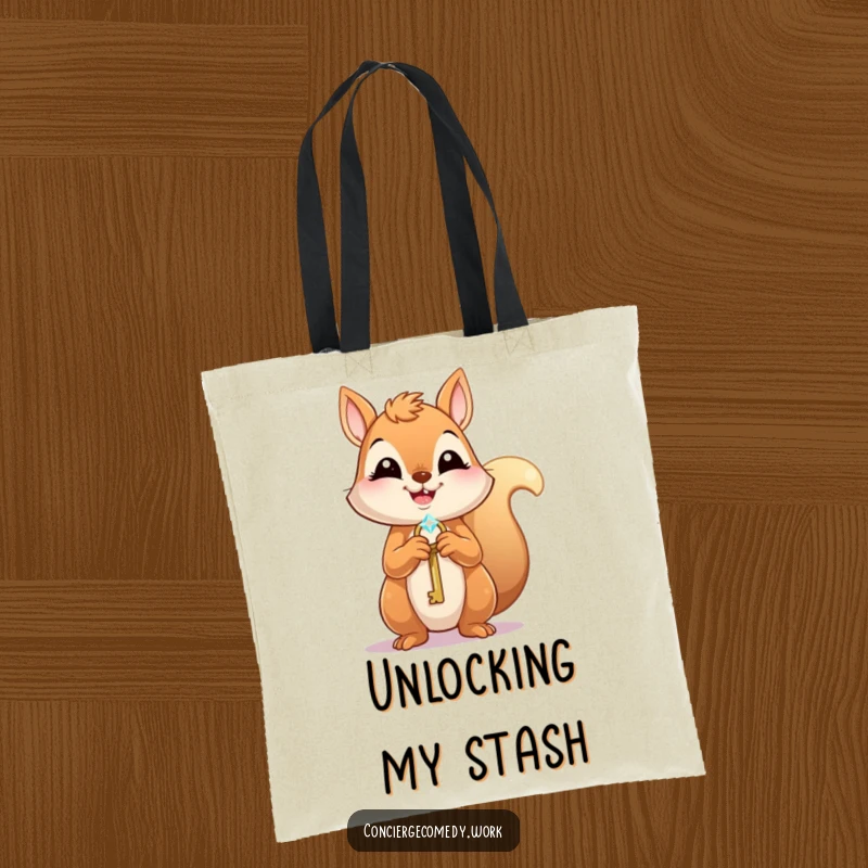 Funny Tote Bag: A joyful squirrel with an eager expression holds a tiny, sparkling key, ready for adventure.