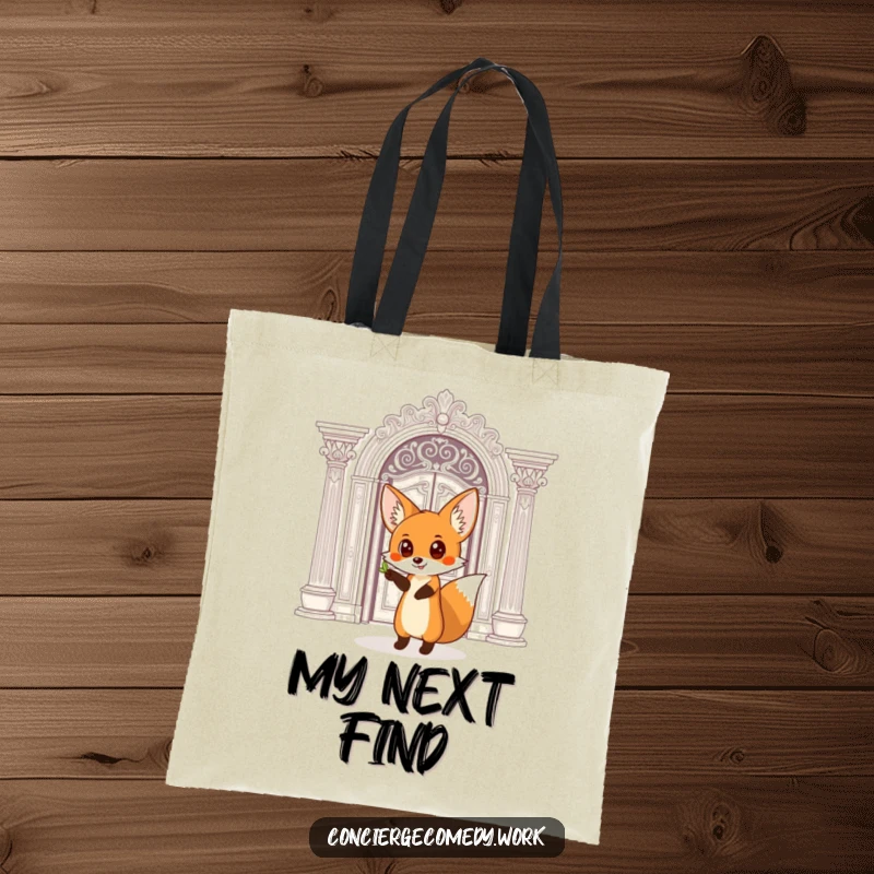 Funny Tote Bag: A curious fox with wide eyes points towards an ornate doorway, symbolizing adventure.