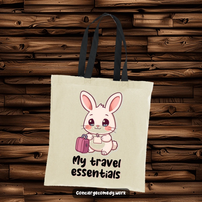 Funny friendly rabbit tote bag holding a small luggage tag, bright eyes, a practical and adventurous gift.